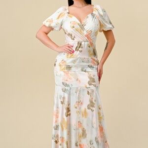 WHOLESALE PRINTED RUCHED DETAIL RUFFLE MAXI DRESS